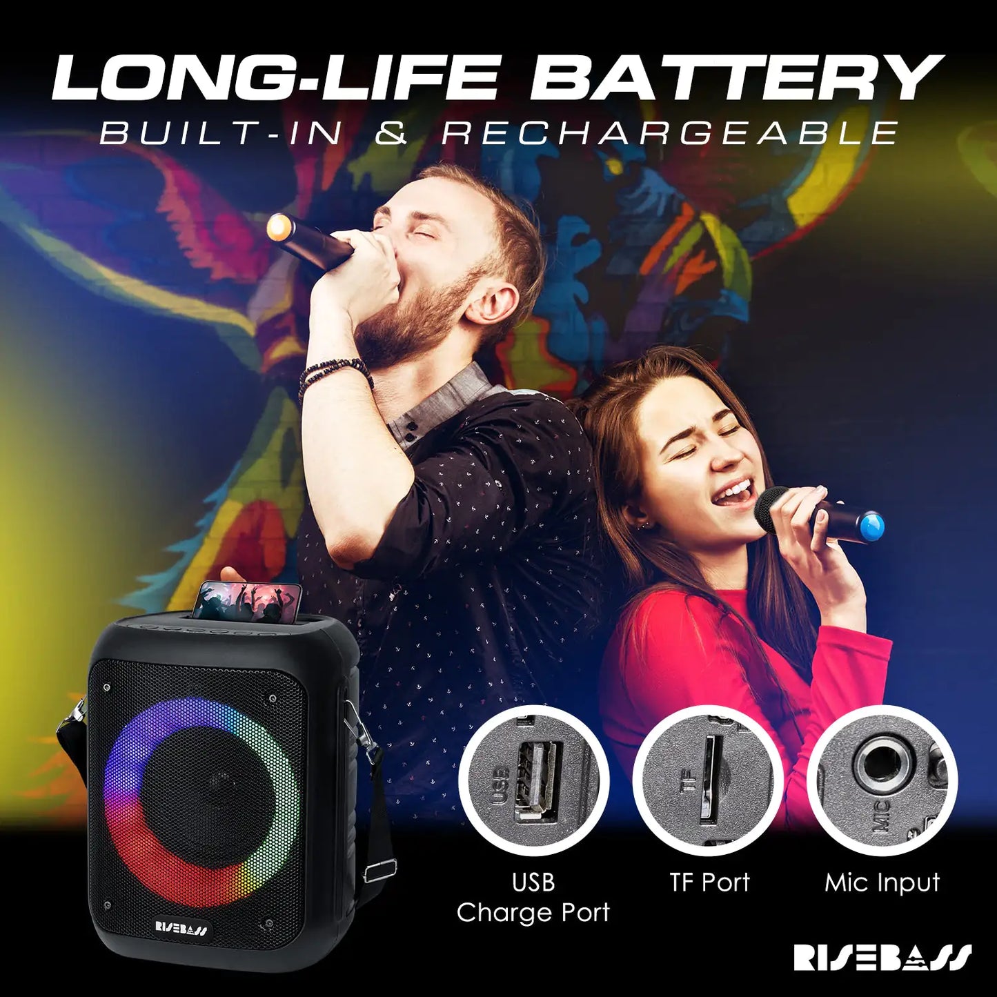 Risebass Portable Karaoke Machine with 2 Wireless Microphones - Bluetooth Rechargeable Speaker with USB/SD/TF Card Support, AUX-in, Tripod Screw Mount and Phone Slot. - Anti Spier