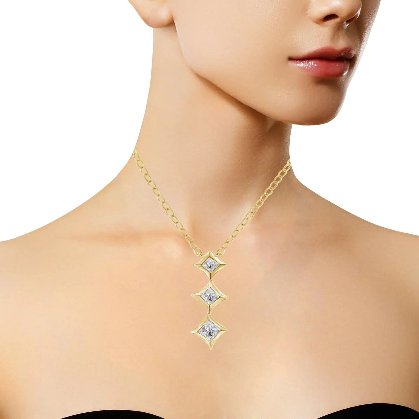 10K Gold 1/5 Cttw Princess Cut Diamond 3 Stone Drop 18" Pendant Necklace (H - I Color, SI2 - I1 Clarity) - Anti Spier - Anti Spier - necklace