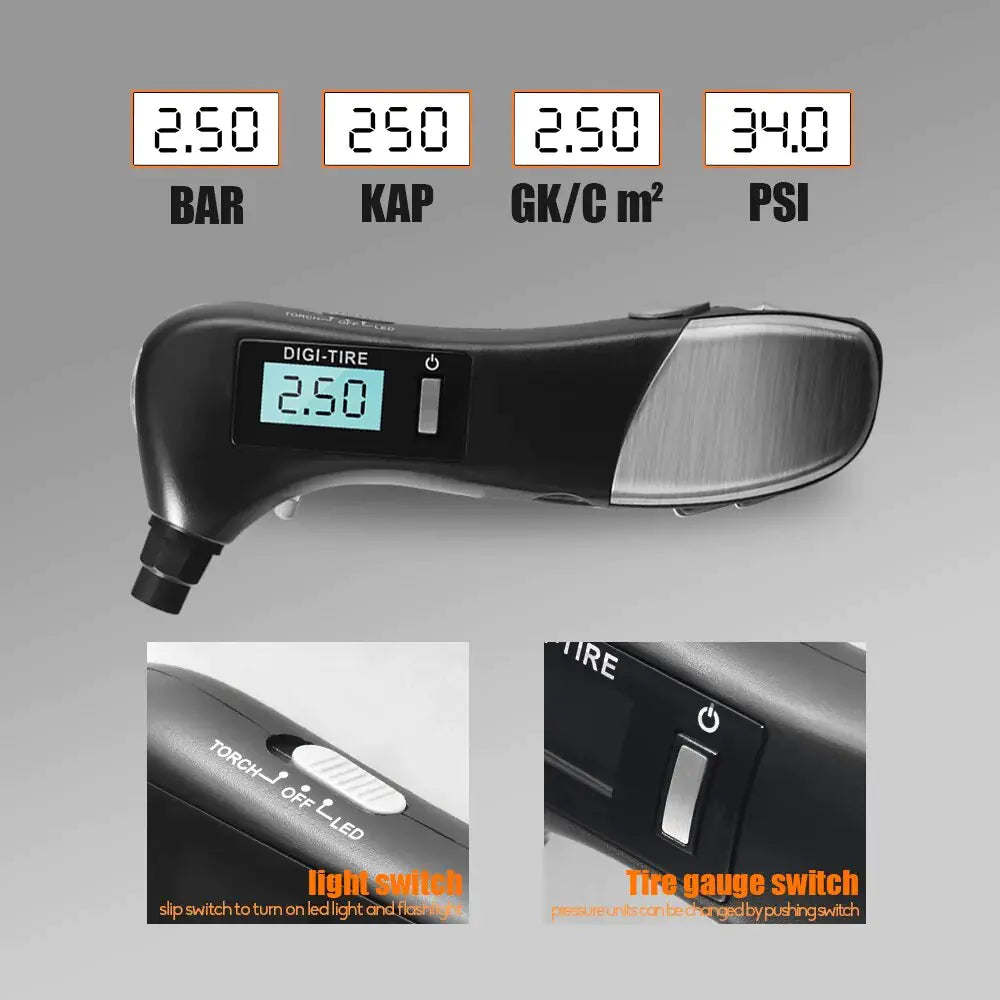 9 in 1 Digital Tire Pressure Alarm Gauge Multifunctional Tyre Pressure Sensor Tpms Systems w LED Flashlight Car Hammer Anti Spier