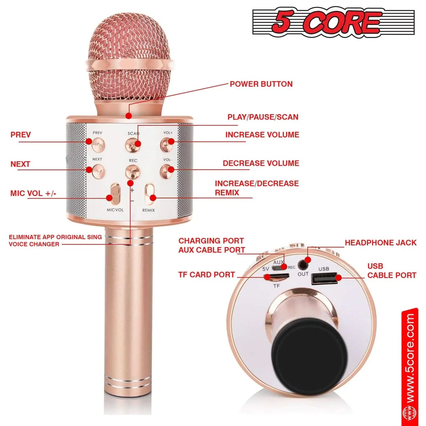 5Core Wireless Karaoke Microphone Bluetooth Mic Portable Handheld Microfonos Inalambricos Anti Spier
