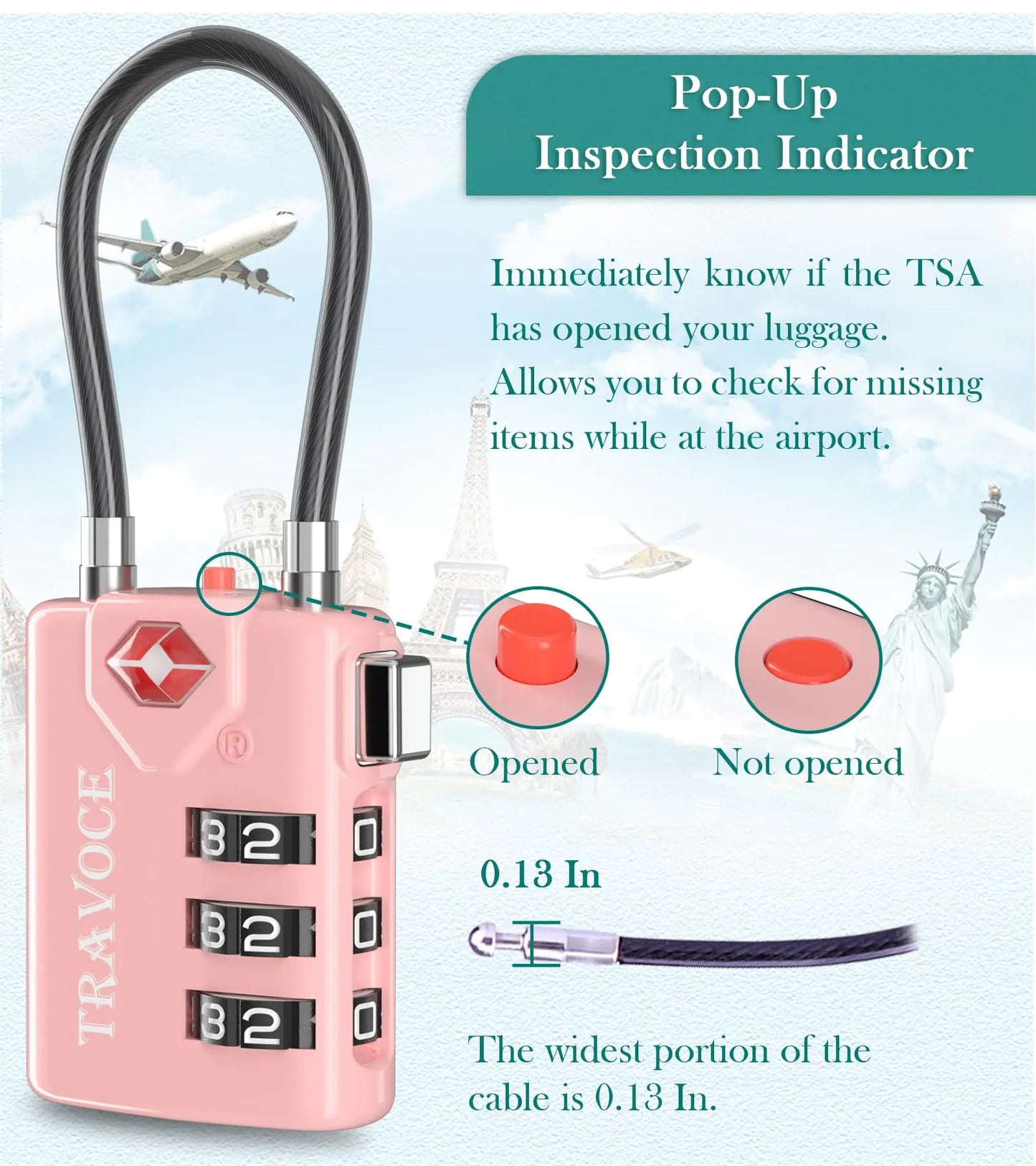 Search Alert TSA Approved Travel Combination Luggage Cable Locks for Suitcase, Gym Locker,Toolbox,Backpack 1,2,4,6 &10 pk Pink 2 Pack Anti Spier