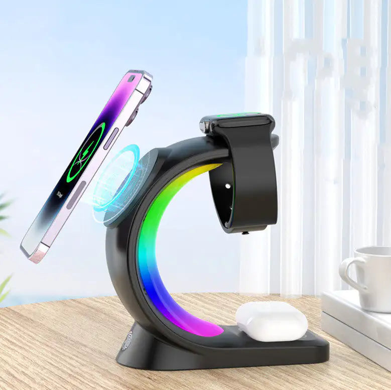 1 Magnetic Wireless Charger Fast ChargingAnti Spier Anti Spier4 In 1 Magnetic Wireless Charger Fast Charging For Smart Phone AtmosphOverview:
Magnetic charging Fast does not hurt the machine
Three in one Make your desktop cleaner
Touch design Convenient and fast
Dream RGB lamp effect Dye yo