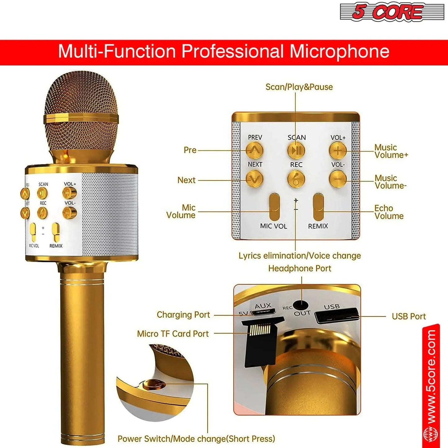 5Core Wireless Karaoke Microphone Bluetooth Mic Portable Handheld Microfonos Inalambricos Anti Spier