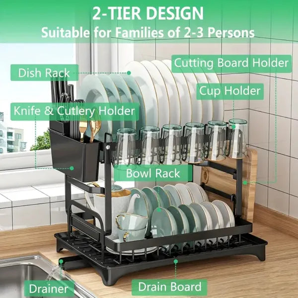 2-Tier Dish Rack with Drainboard & Utensil Holder Anti Spier