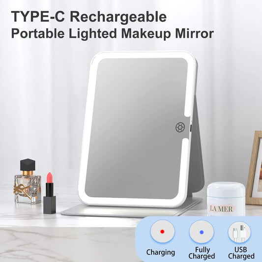 Rechargeable Travel Lighted Makeup Mirror with PU Leather Cover, Portable Travel Makeup Mirror with lights, 3 Color Lighting,Touch Sensor Dimmable, Light Up Tabletop Folding Cosmetic Mirror Colorful Colorful With Pu Cover Anti Spier