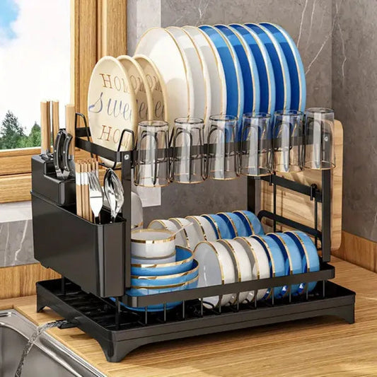 2-Tier Dish Rack with Drainboard & Utensil Holder Anti Spier