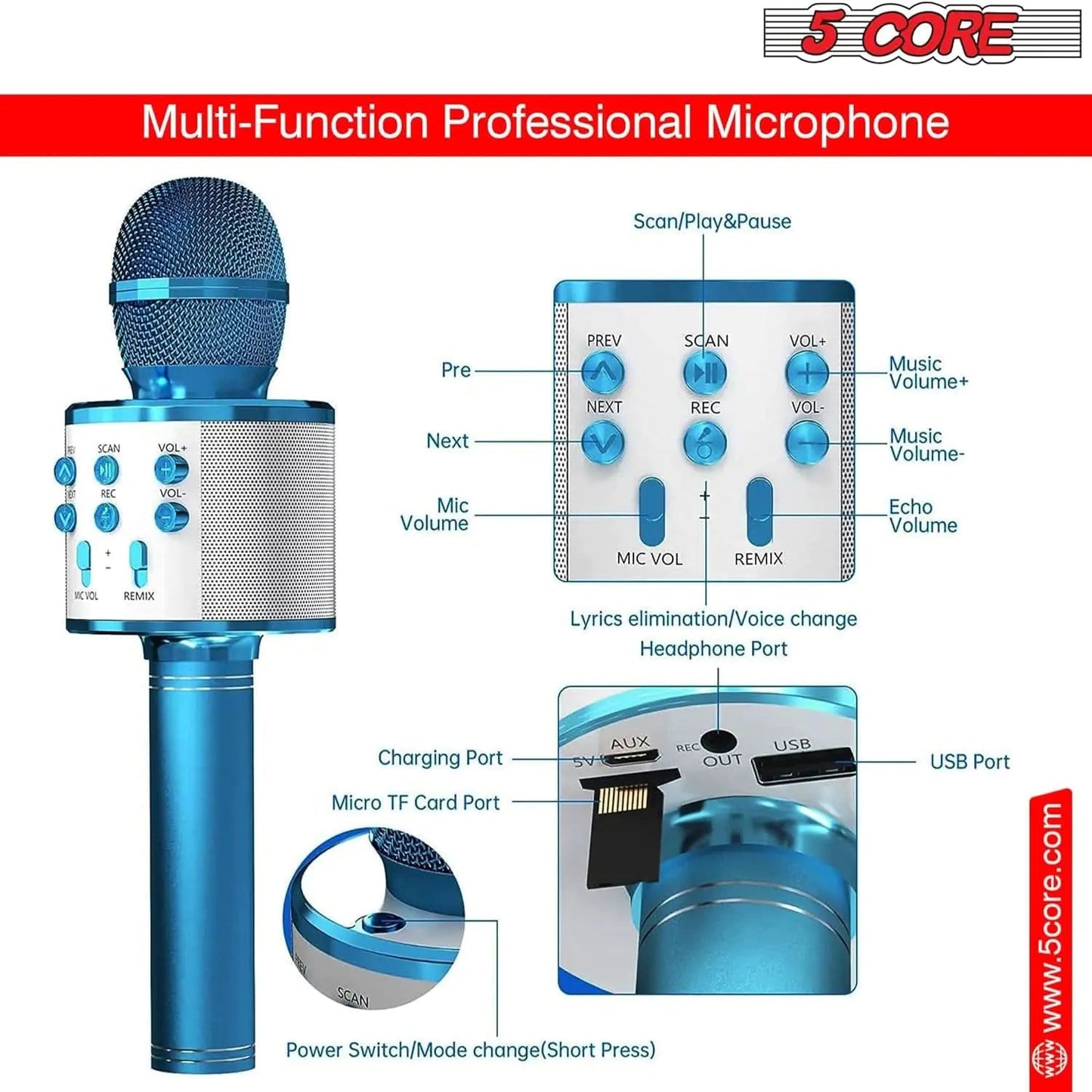 5Core Wireless Karaoke Microphone Bluetooth Mic Portable Handheld Microfonos Inalambricos Anti Spier