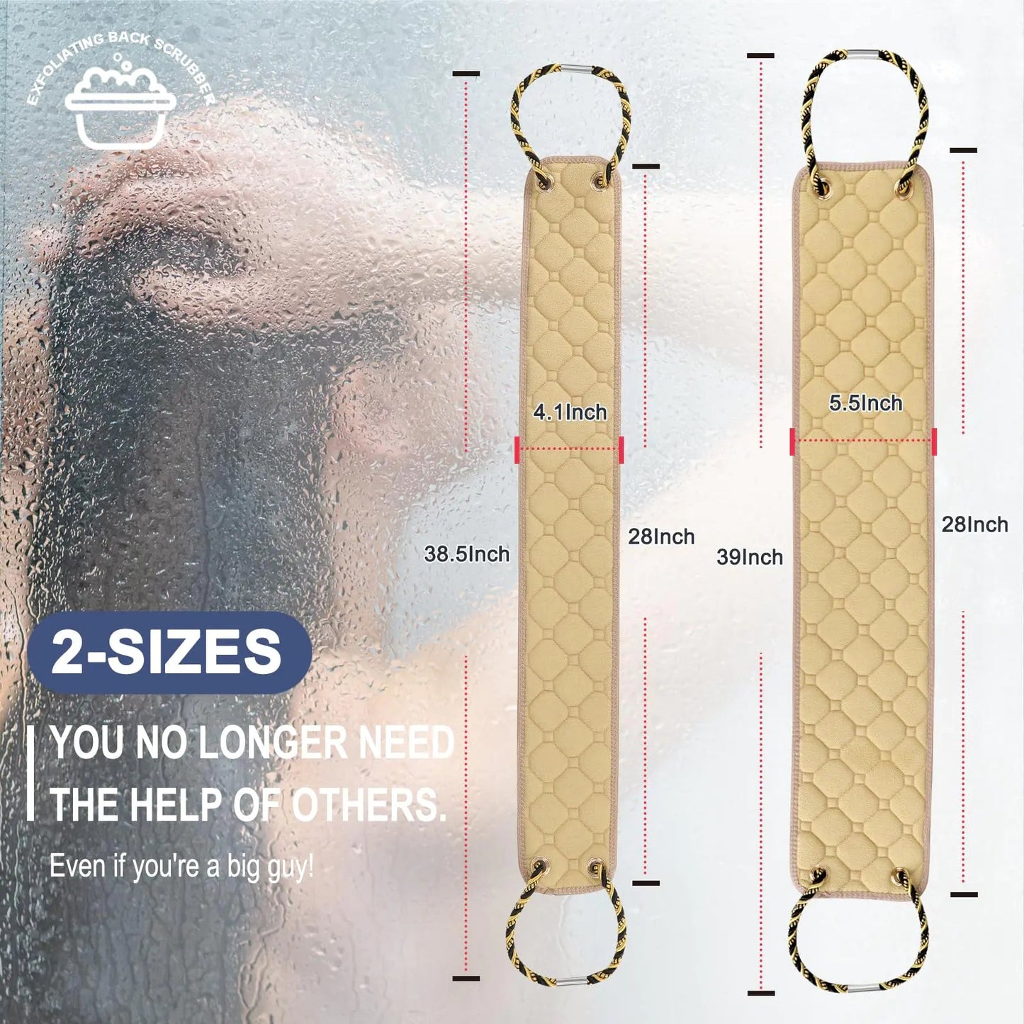 Exfoliating Back Scrubber with Handles, 39 Inch Double-Sided Back Exfoliator Body Scrub Towel, Exfoliating Washcloth Bath Tool for Use in Shower, Back Washer to Deep Clean Your Skin for Men & Women Beige (39*5.5 Inch) Anti Spier