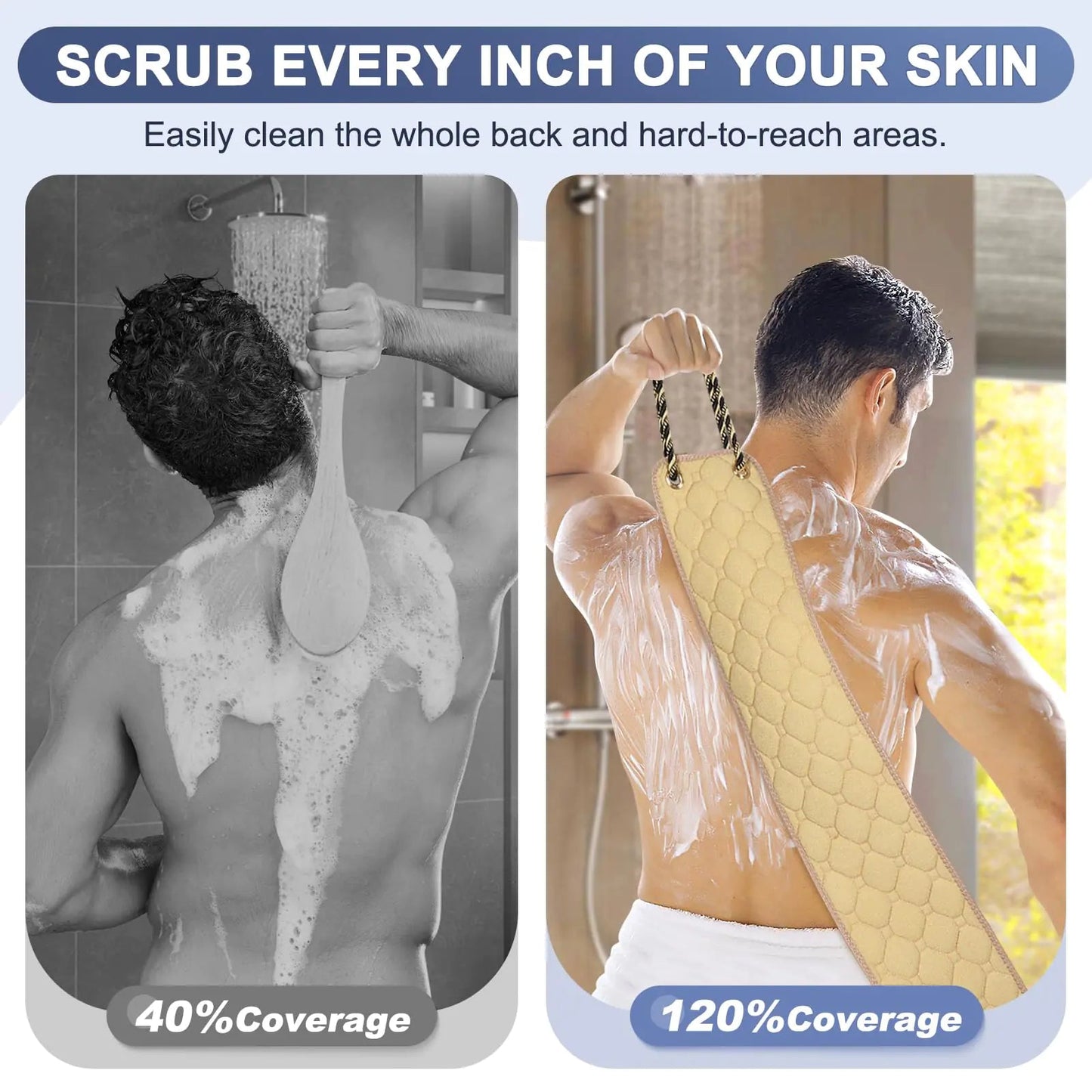 Exfoliating Back Scrubber with Handles, 39 Inch Double-Sided Back Exfoliator Body Scrub Towel, Exfoliating Washcloth Bath Tool for Use in Shower, Back Washer to Deep Clean Your Skin for Men & Women Beige (39*5.5 Inch) Anti Spier