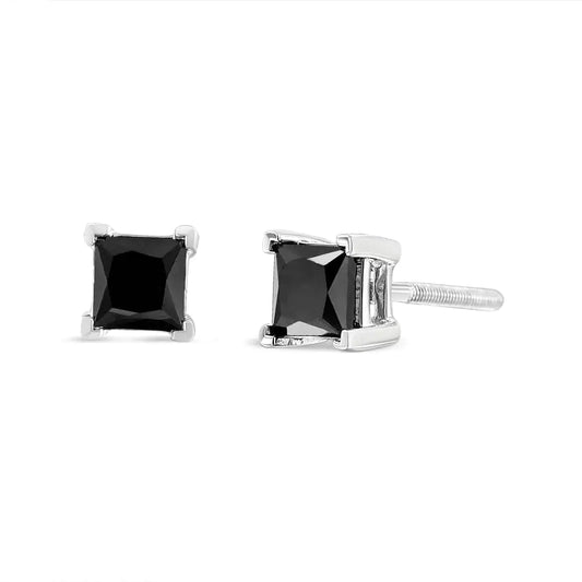 14K White Gold Princess-Cut Treated Black Diamond Classic 4-Prong Stud Earrings - Anti Spier