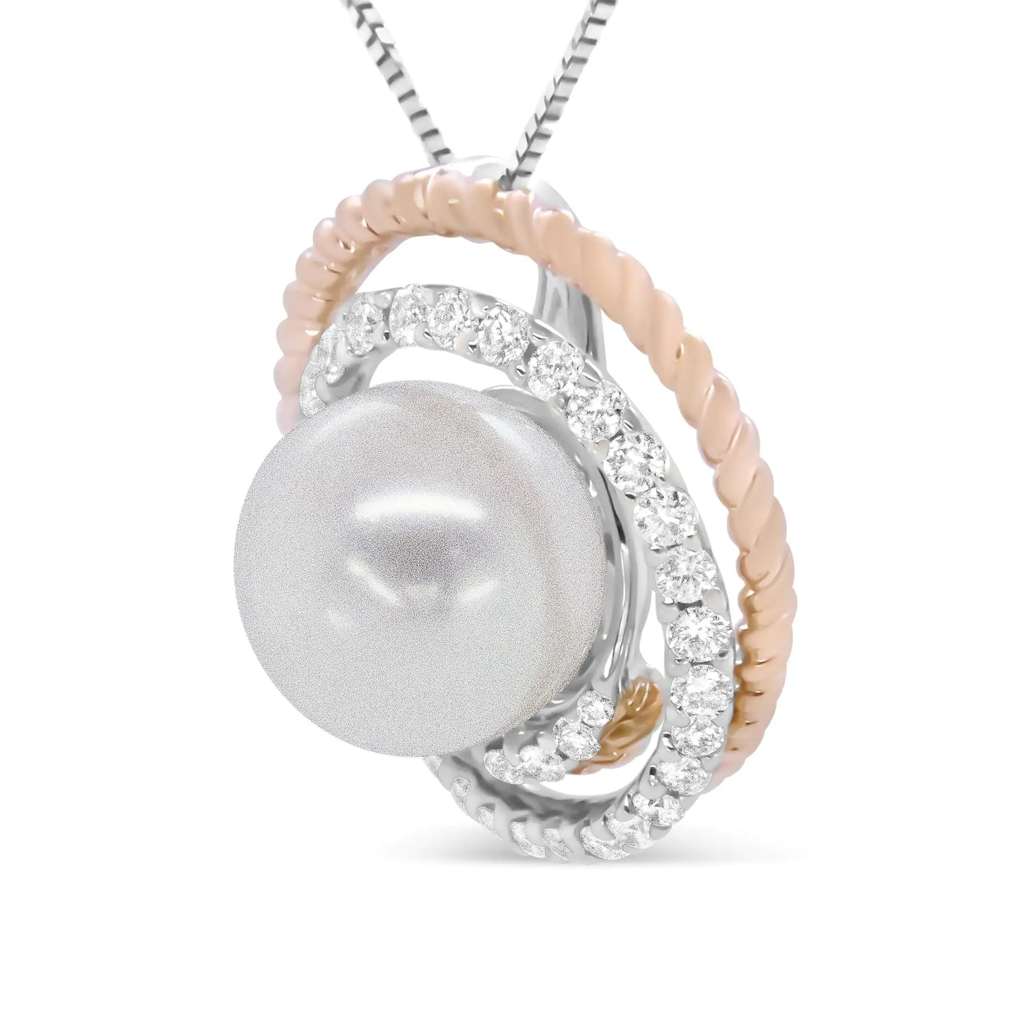 14K Rose and White Gold 3/8 Cttw Pave Diamond and 9mm Round Pearl Spiral Openwork 18" Pendant Necklace- (H-I Color, VS1-VS2 Clarity) - Anti Spier