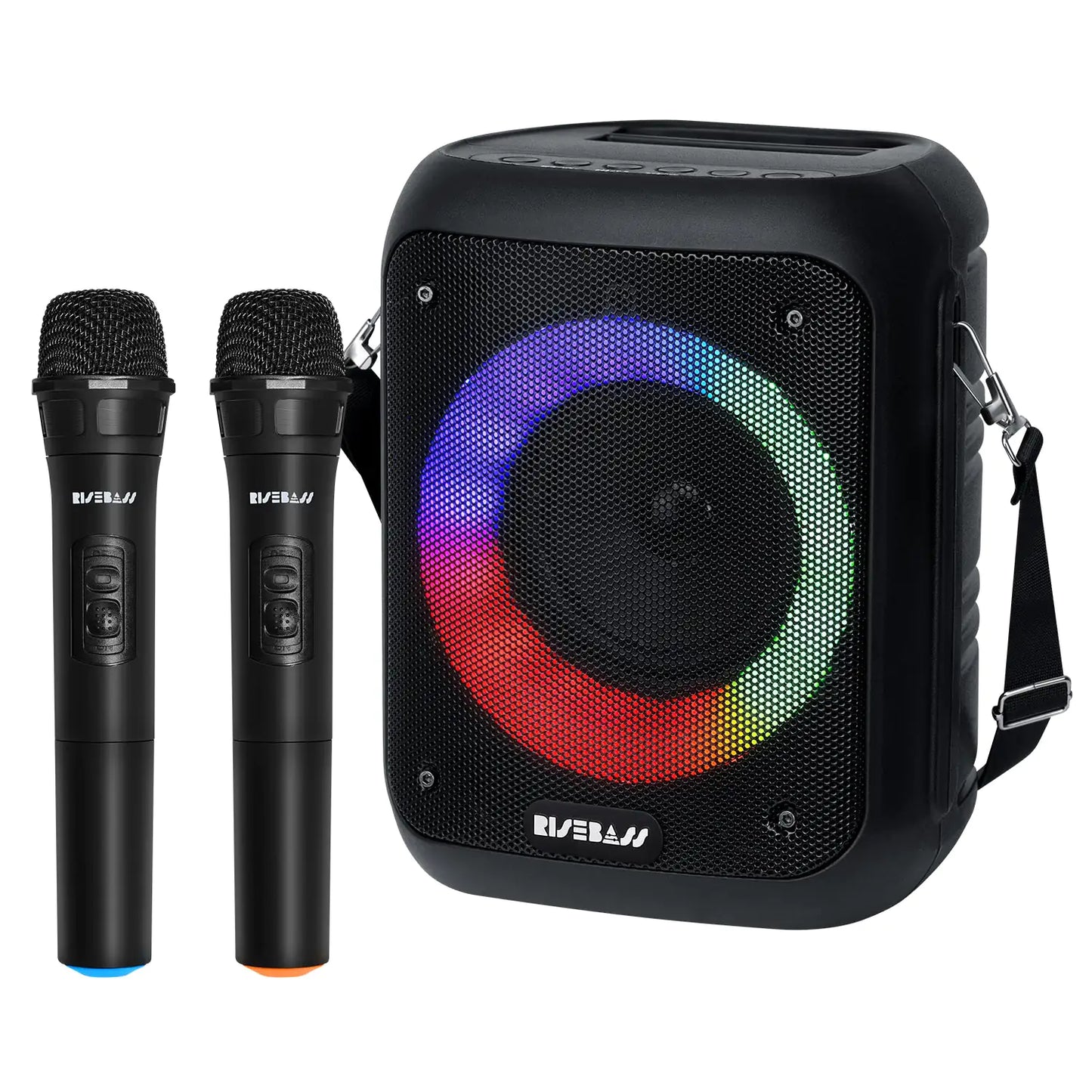 Risebass Portable Karaoke Machine with 2 Wireless Microphones - Bluetooth Rechargeable Speaker with USB/SD/TF Card Support, AUX-in, Tripod Screw Mount and Phone Slot. - Anti Spier