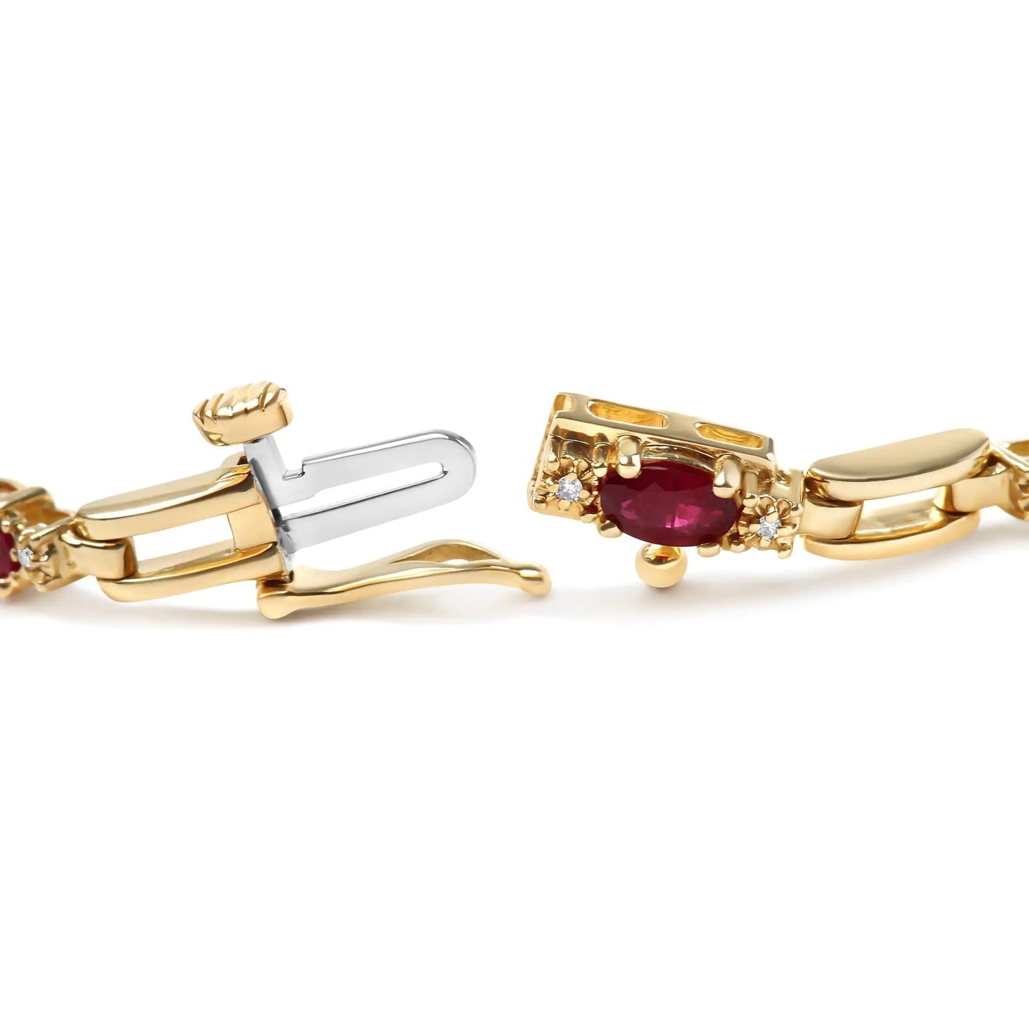 10K Yellow Gold Oval Ruby and 1/10 Cttw Diamond Bar Prong Set Bracelet (H-I Color, SI1-SI2 Clarity) - Size 7" - Anti Spier