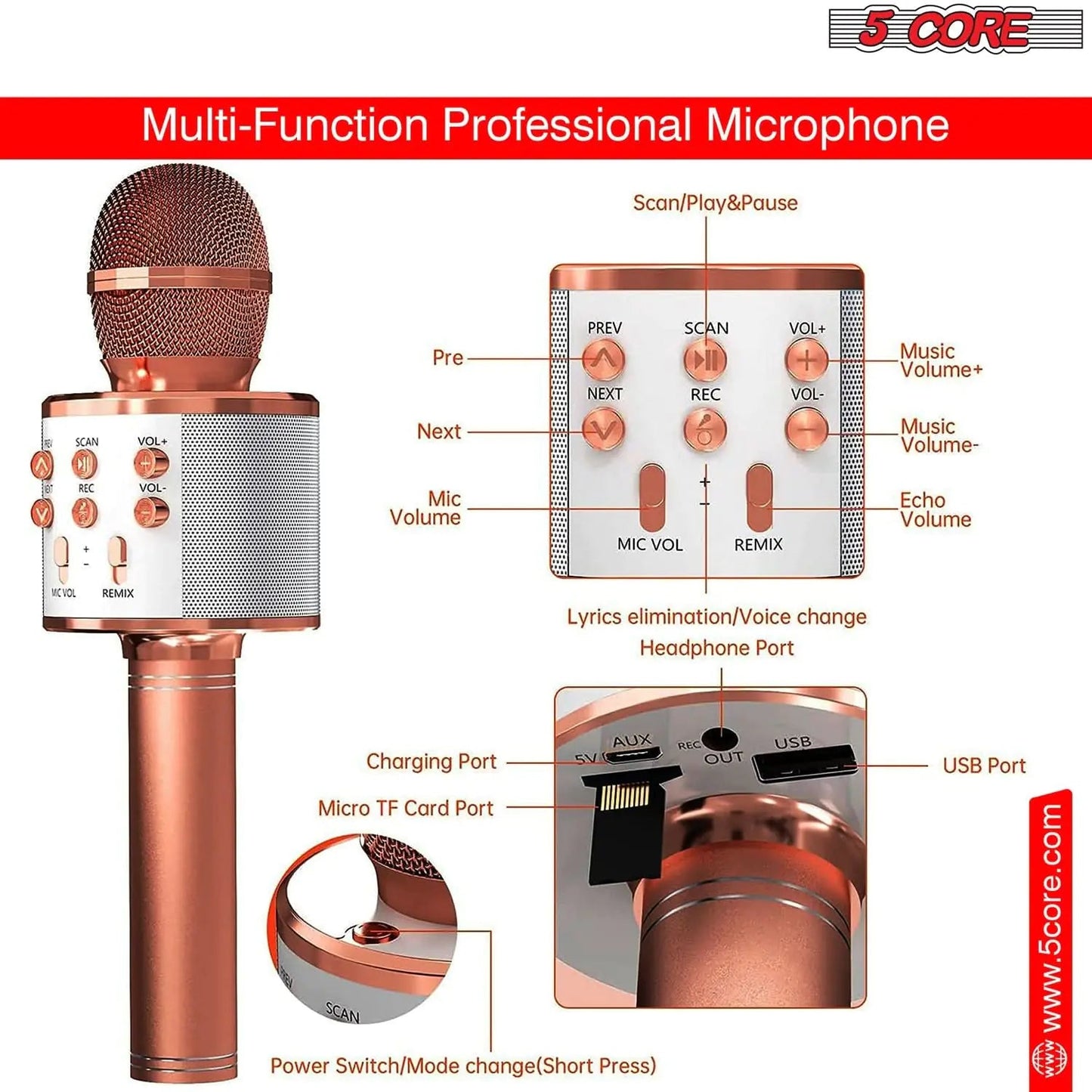 5Core Wireless Karaoke Microphone Bluetooth Mic Portable Handheld Microfonos Inalambricos Anti Spier