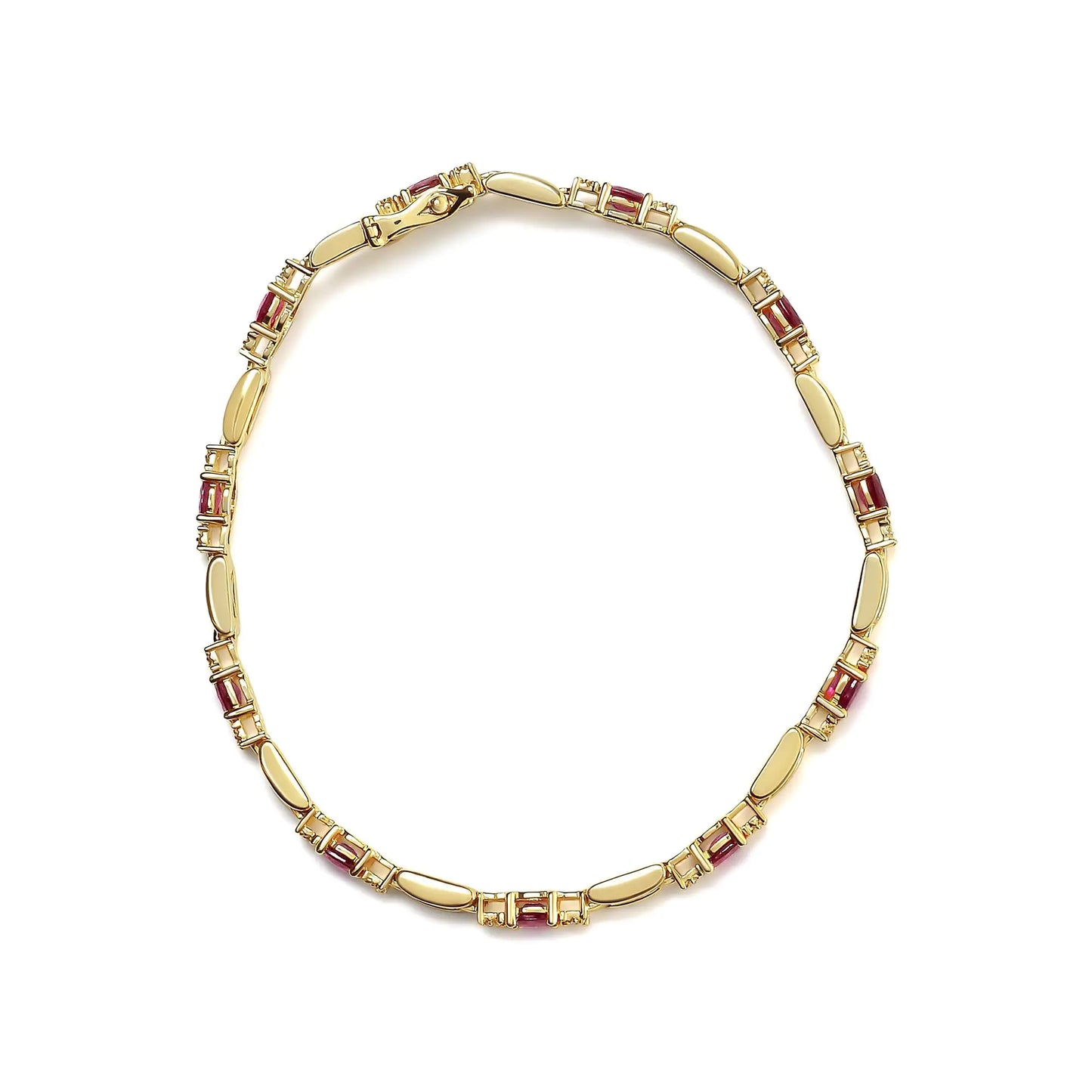 10K Yellow Gold Oval Ruby and 1/10 Cttw Diamond Bar Prong Set Bracelet (H-I Color, SI1-SI2 Clarity) - Size 7" - Anti Spier