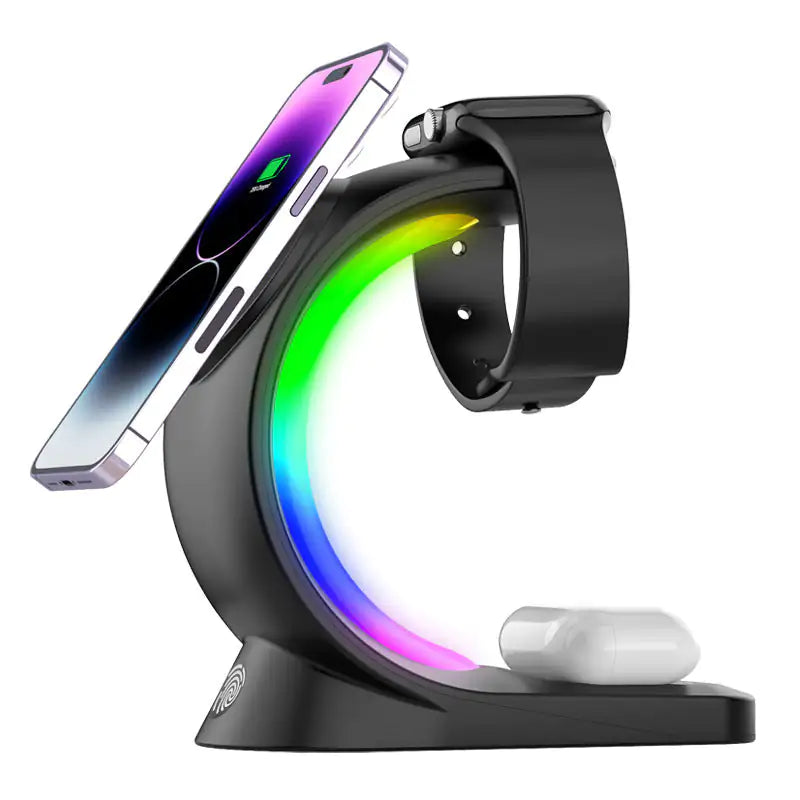 1 Magnetic Wireless Charger Fast ChargingAnti Spier Anti Spier4 In 1 Magnetic Wireless Charger Fast Charging For Smart Phone AtmosphOverview:
Magnetic charging Fast does not hurt the machine
Three in one Make your desktop cleaner
Touch design Convenient and fast
Dream RGB lamp effect Dye yo