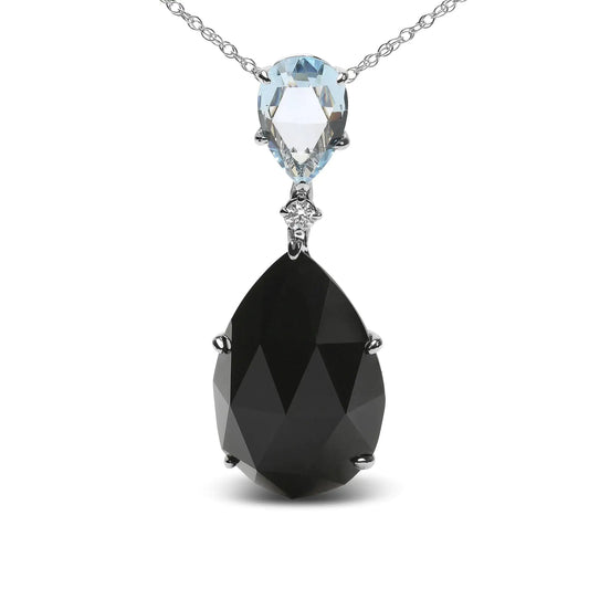18K White Gold Diamond Accent and Pear Cut Sky Blue Topaz and Pear Cut Black Onyx Dangle Drop 18" Pendant Necklace (G-H Color, SI1-SI2 Clarity) - Anti Spier