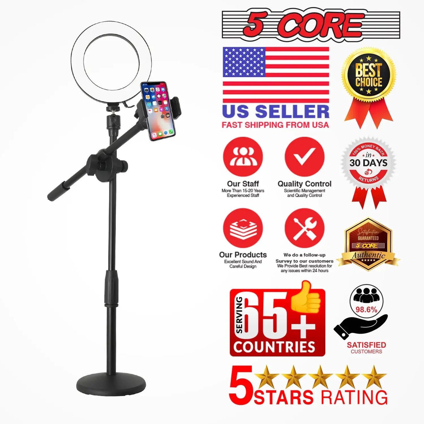 6 inch Ring Light with Cell Phone Stand Adjustable Ring light Angle LED Circle Light w Phone Holder Anti Spier