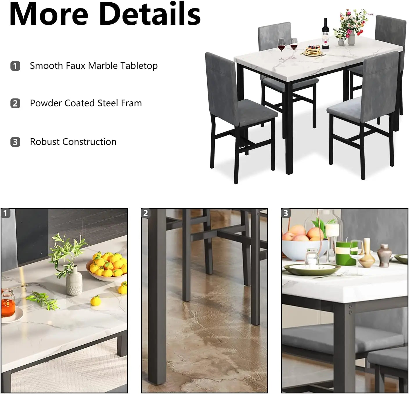 Dining Table Set for 4, 5-Piece Marble DiningTableSet with 4 Velvet Metal Frame Chairs for Kitchen, Bar, Living Room Anti Spier