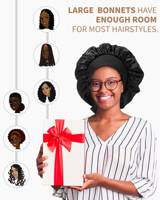 Satin Bonnet for Women Silk Bonnets for Sleeping Curly Hair Bonnet with Tie Band Double Layer Sleep Cap Hair Wrap 7-7 3/8 Black + Red Flower Anti Spier