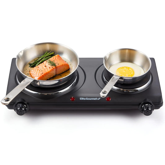 Elite Gourmet EDB-302BF# Countertop Double Cast Iron Burner 1500 Watts Electric Hot Plate Temperature Controls Power Indicator Lights Easy to Clean Black Anti Spier