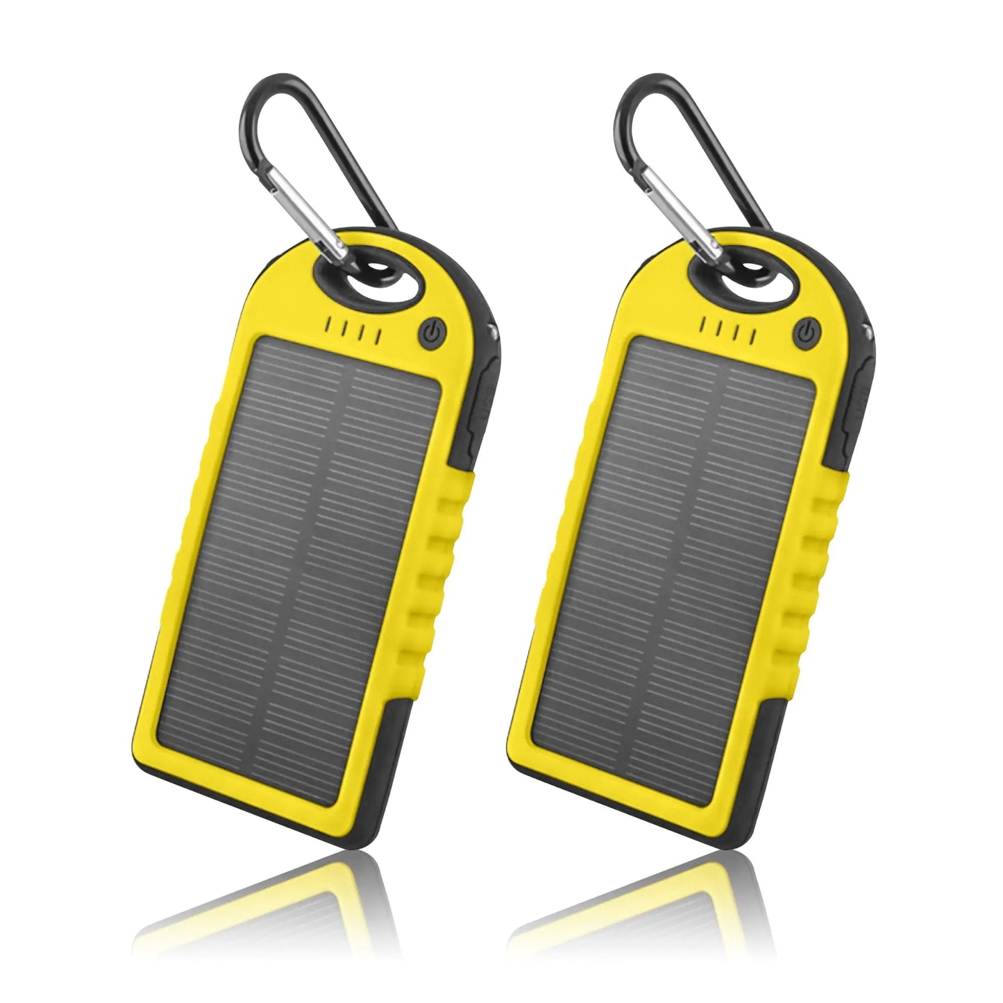 Two compact 5000mAh solar phone chargers with built-in LED light and dual USB ports.