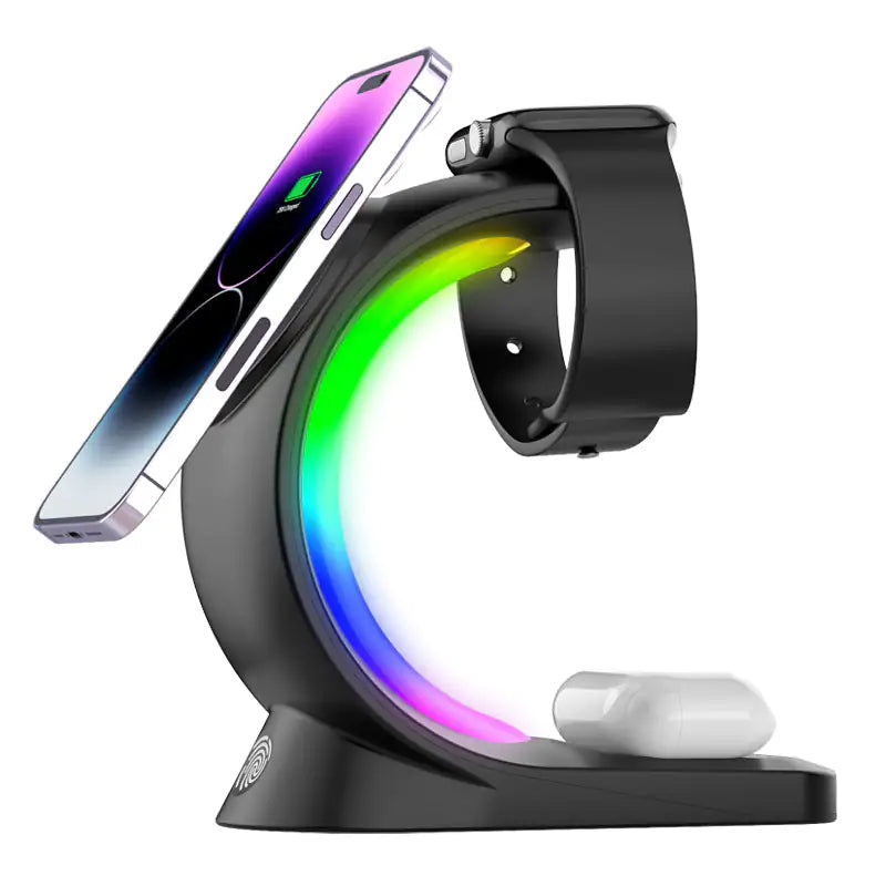 1 Magnetic Wireless Charger Fast ChargingAnti Spier Anti Spier4 In 1 Magnetic Wireless Charger Fast Charging For Smart Phone AtmosphOverview:
Magnetic charging Fast does not hurt the machine
Three in one Make your desktop cleaner
Touch design Convenient and fast
Dream RGB lamp effect Dye yo