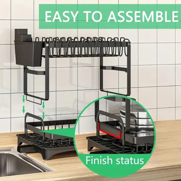 2-Tier Dish Rack with Drainboard & Utensil Holder Anti Spier