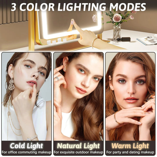 Vanity Mirror with Lights 22 Inch- LED Lighted Makeup Mirror, Large Makeup Mirror with Lights,Touch Screen with 3-Color Lighting,Led Mirror Makeup,Dimmable(Gold) Gold 19"x22" Anti Spier