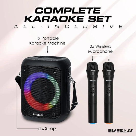 Risebass Portable Karaoke Machine with 2 Wireless Microphones - Bluetooth Rechargeable Speaker with USB/SD/TF Card Support, AUX-in, Tripod Screw Mount and Phone Slot. - Anti Spier