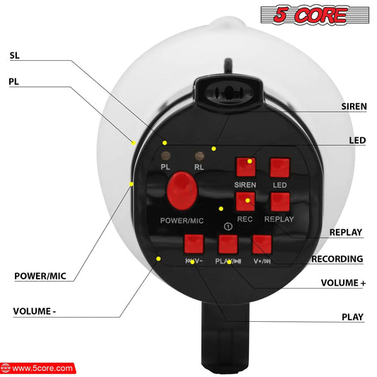 5Core Megaphone Bullhorn Speaker 30W LED Bull Horn Battery Power Cheer Megafono 800 Yard Anti Spier