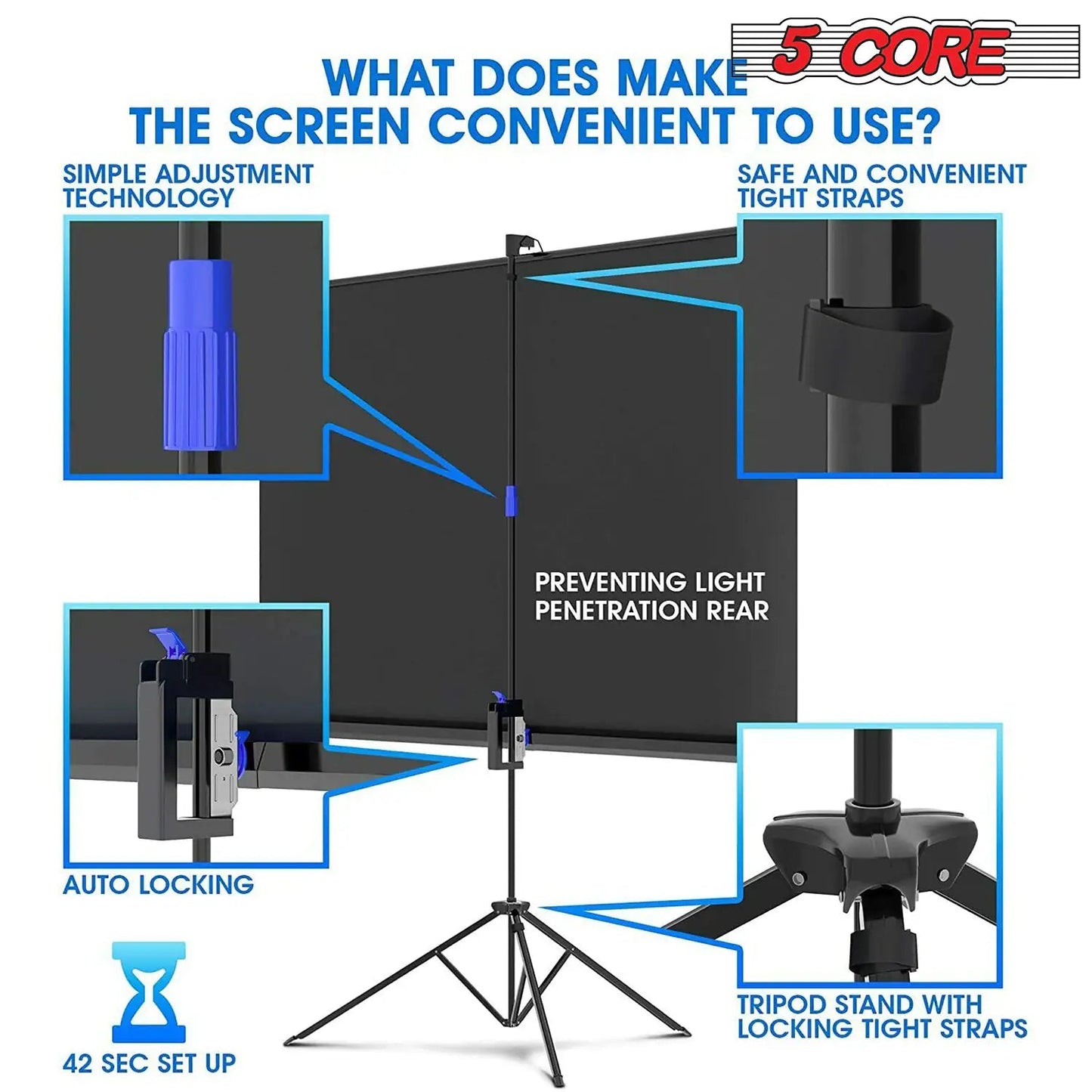 5Core Projector Screen with Tripod Stand 72" 4:3 Ultra HD Anti-Crease Indoor Outdoor Projection Anti Spier