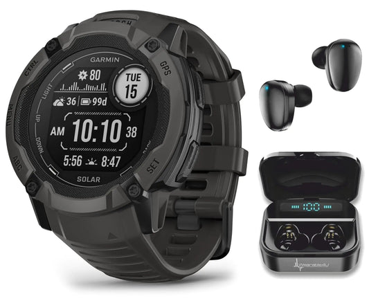 Wearable4U Garmin Instinct 2X Solar Rugged 50 mm GPS Smartwatch Graphite with Power Glass Lens LED Flashlight Black Earbuds Bundle Anti Spier