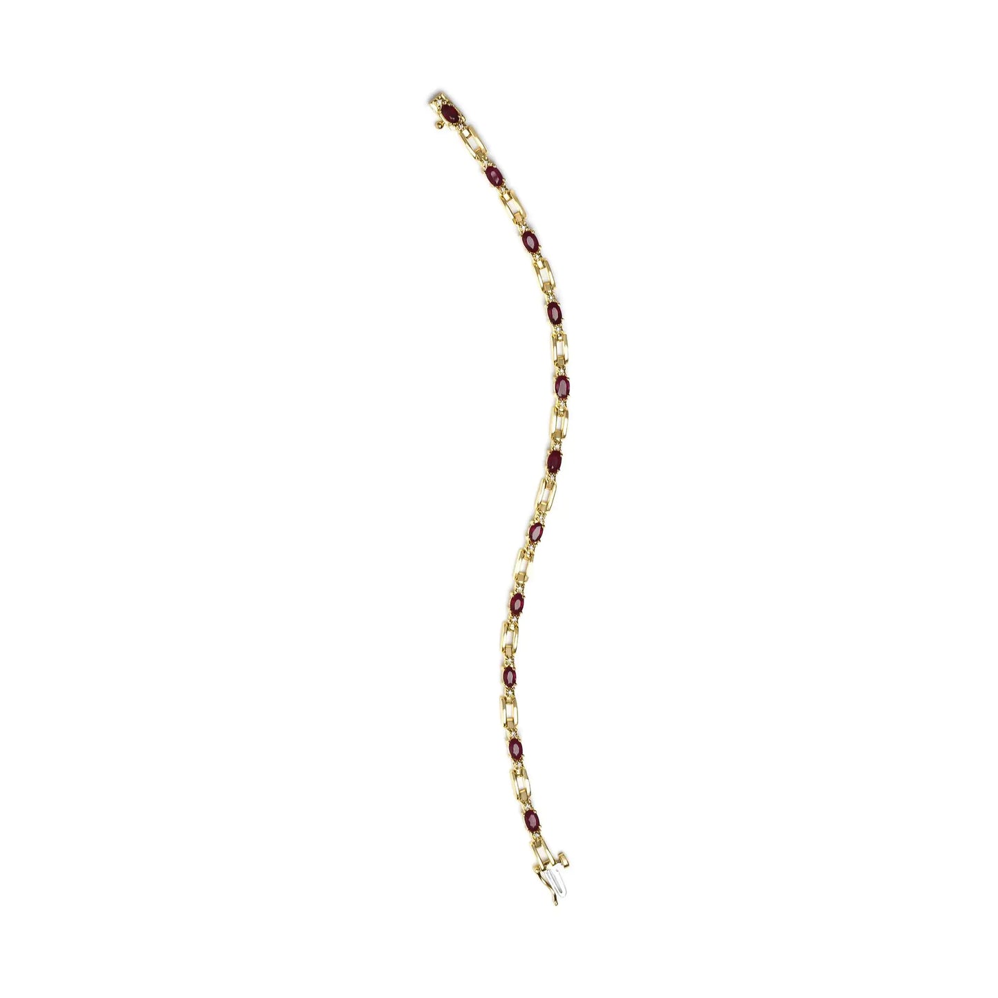 10K Yellow Gold Oval Ruby and 1/10 Cttw Diamond Bar Prong Set Bracelet (H-I Color, SI1-SI2 Clarity) - Size 7" - Anti Spier