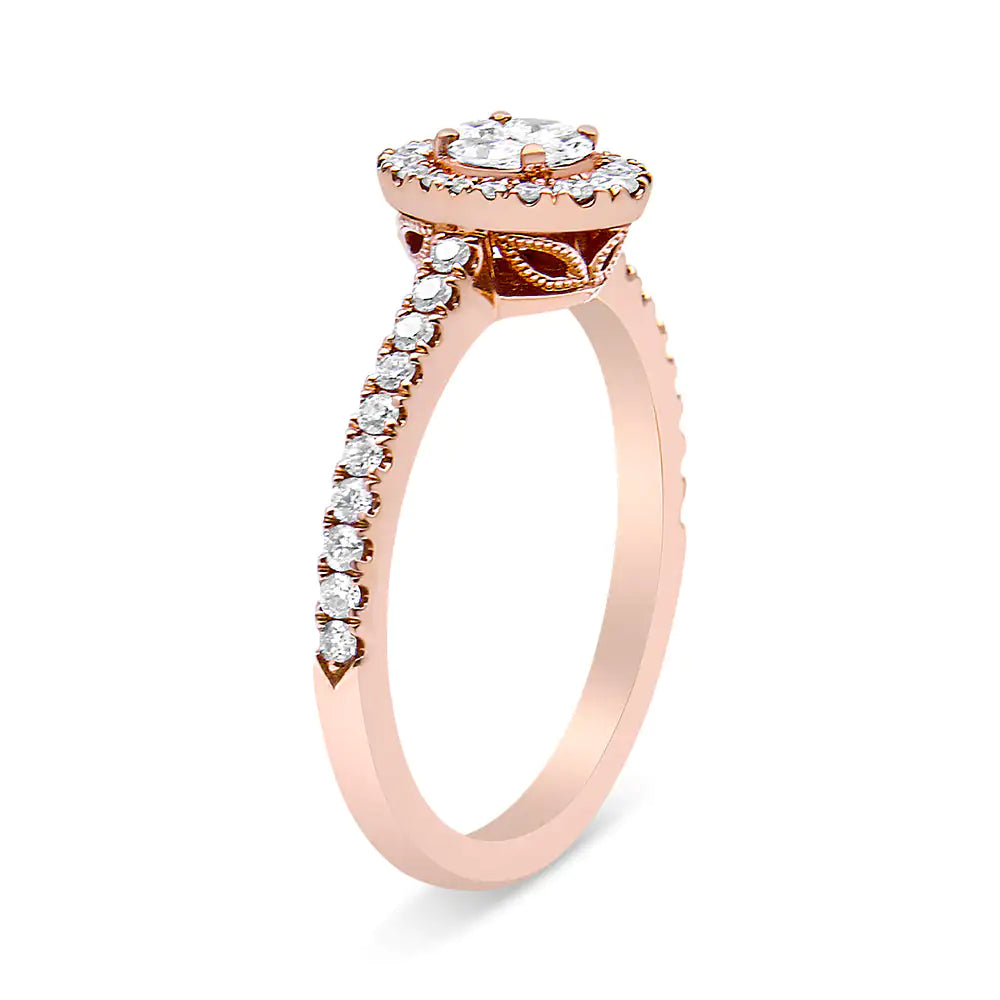 18K Rose Gold 1/2 Cttw Composite Marquise Composite Diamond Oval Shaped Halo Engagement Ring (F-G Color, VS1-VS2 Clarity) - Anti Spier
