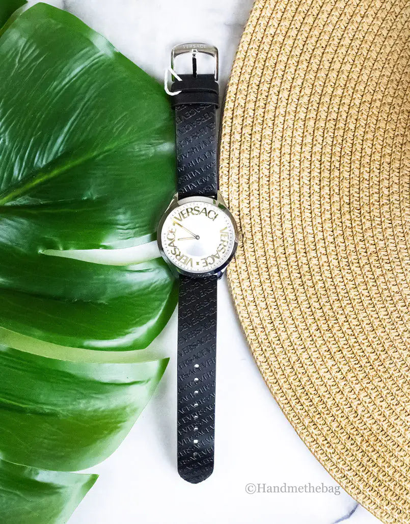 Versace 38mm Silver Logo Halo Dial Embossed Leather Watch - Anti Spier