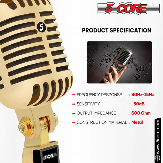 5Core Vintage Microphone Classic Dynamic Professional XLR Studio Retro Style Mic GOLD Anti Spier