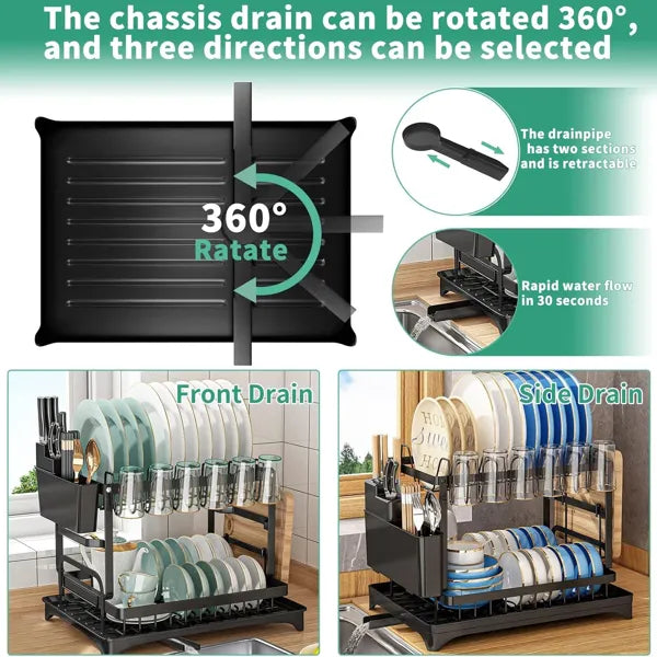 2-Tier Dish Rack with Drainboard & Utensil Holder Anti Spier