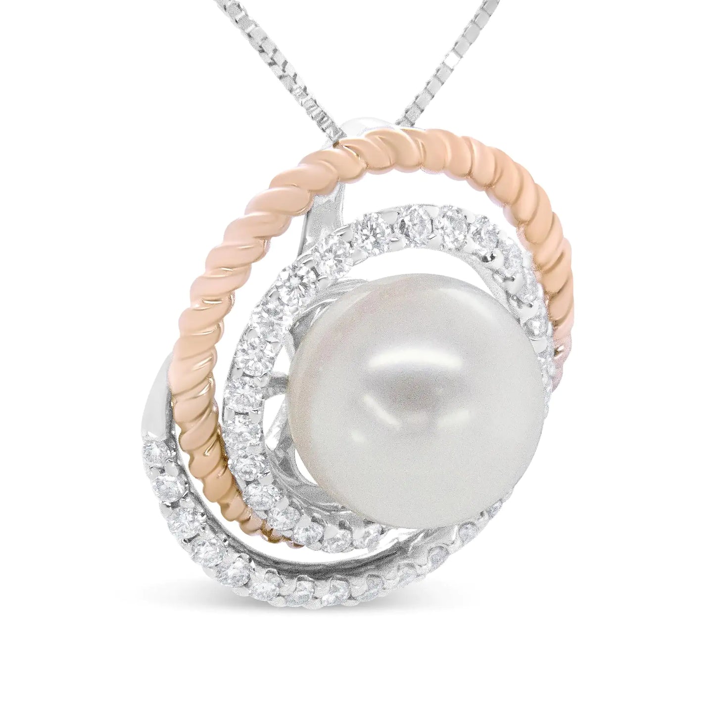 14K Rose and White Gold 3/8 Cttw Pave Diamond and 9mm Round Pearl Spiral Openwork 18" Pendant Necklace- (H-I Color, VS1-VS2 Clarity) - Anti Spier