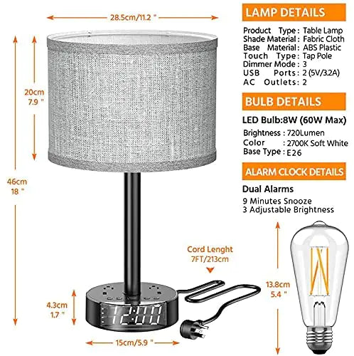 Bedside Table Lamp Alarm Clock Charging - 3 Brightness Level Anti Spier