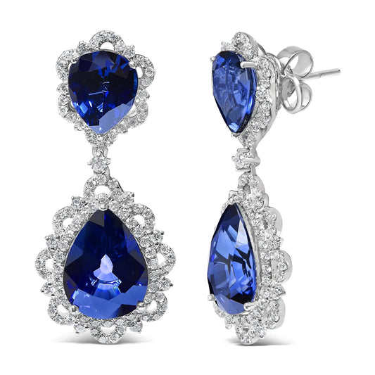 18K White Gold Blue Sapphire and Diamond 2.00 Cttw Diamond Halo Drop and Dangle Earring (G-H Color, SI1-SI2 Clarity) - Anti Spier
