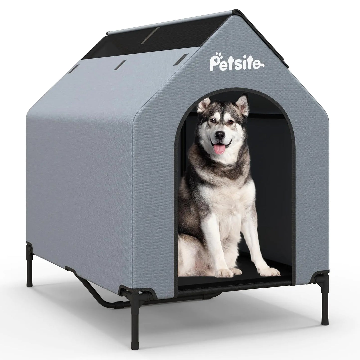 PETSITE 43 inch Dog House Elevated Dog House Outdoor with Ventilated Windows Removable Weatherproof 600D Oxford Canopy and Raised Mesh Dog Bed Dog Tent Large Dog House 43 x 30 x 42 inch