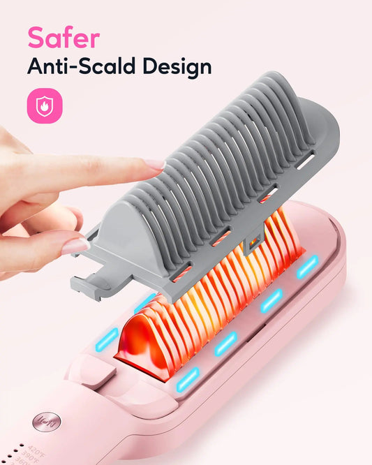 Wavytalk Hair Straightener Brush, Ionic Hair Straightening Comb for Women, Anti-Scald Ceramic Straightening Brush Fast Heating for Home Salon, Dual Voltage Pink. Anti Spier