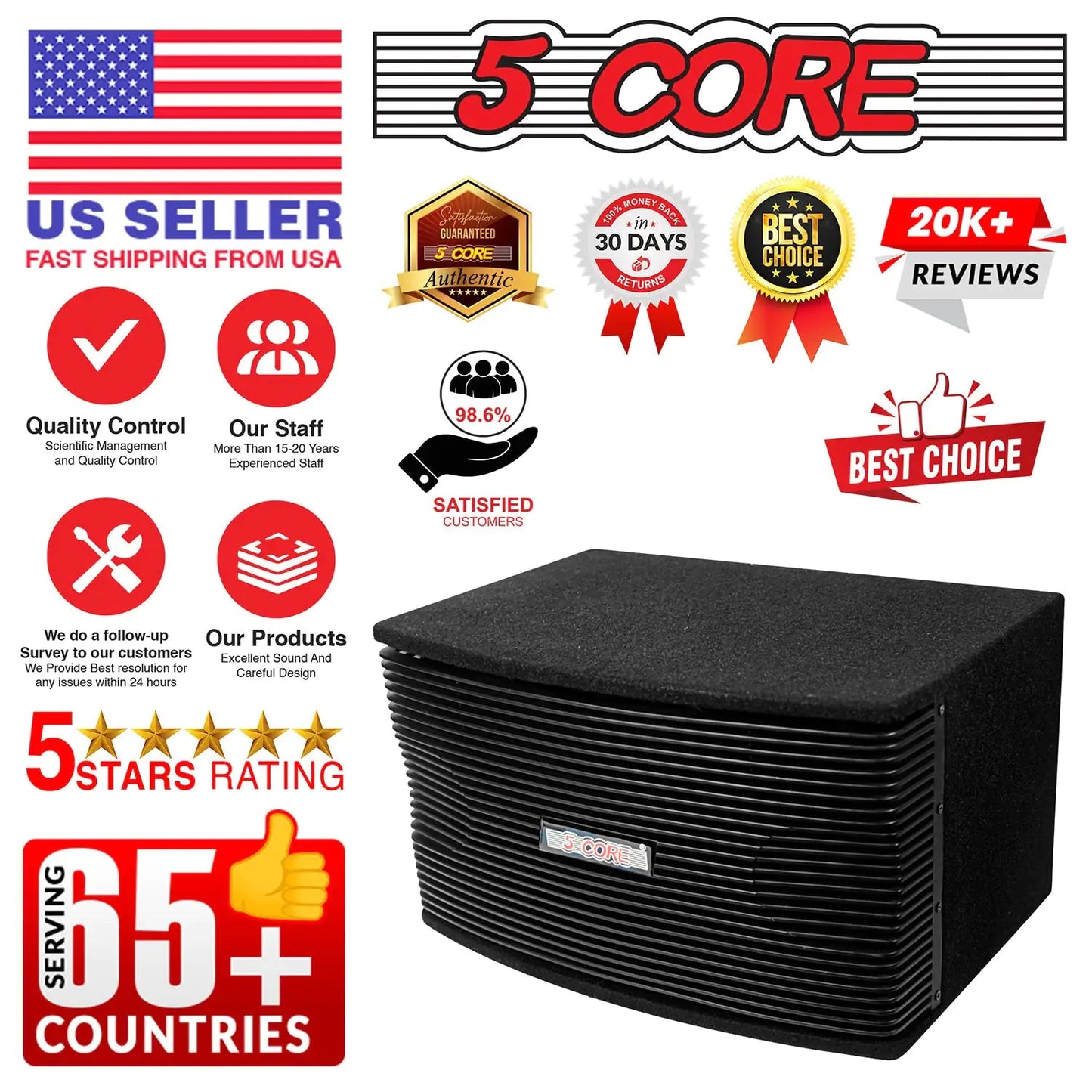 5Core Box Subwoofer for Car 1Pc Black 800W Peak Power 8 Inch Vented Trunk Speaker Woofer 8 Ohm Anti Spier
