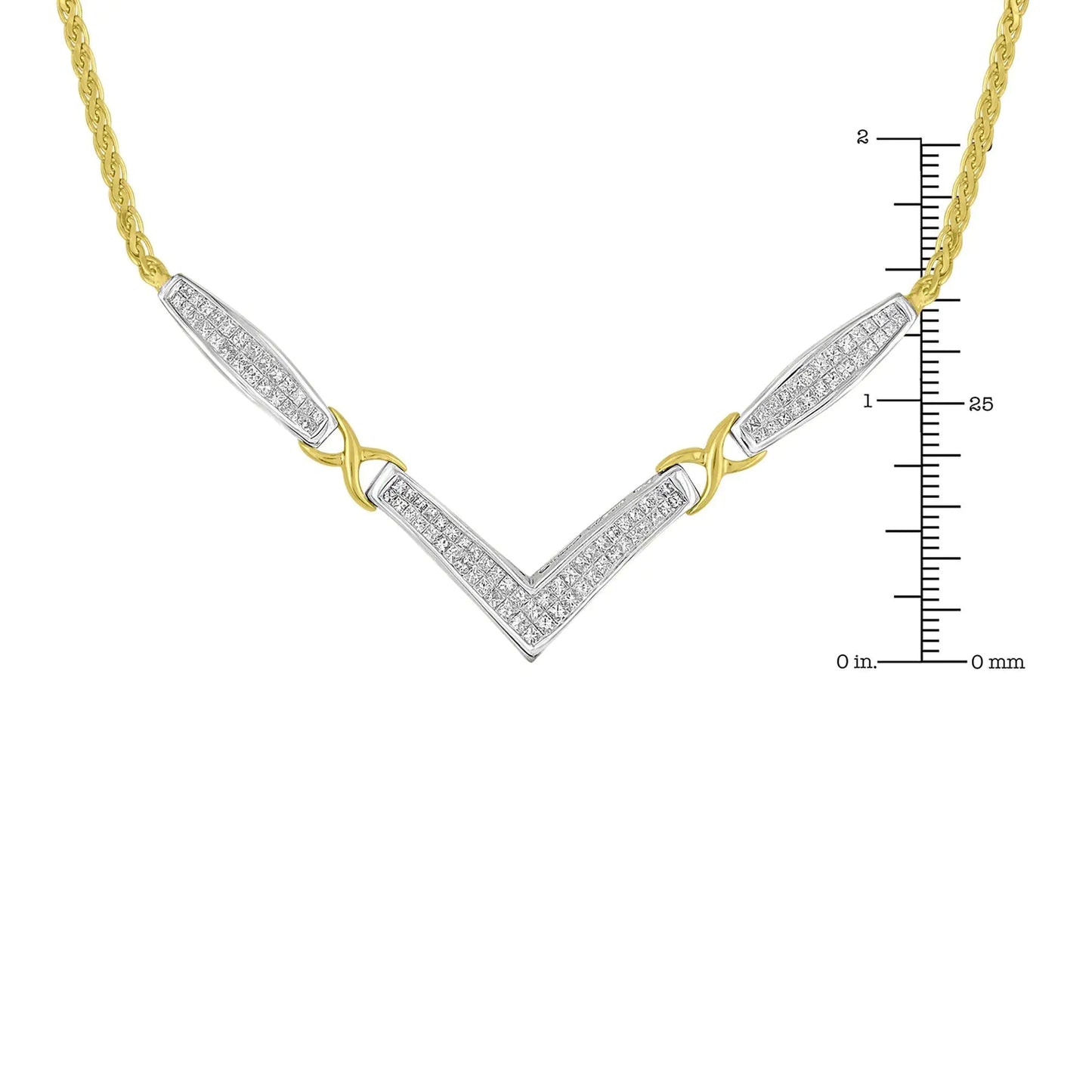 14K Yellow and White Gold 2.0 Cttw Princess Cut Diamond Flared and X-Station V Shaped 18” Franco Chain Statement Necklace (H-I Color, SI2-I1 Clarity) - Anti Spier