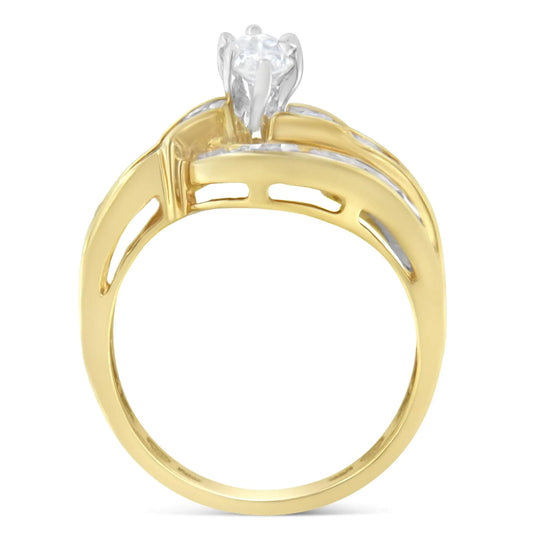 14KT Two-Toned Gold Marquise, Baguette and Round Cut Diamond Bypass Ring (1 cttw, H-I Color, SI1-SI2 Clarity) () - Anti Spier