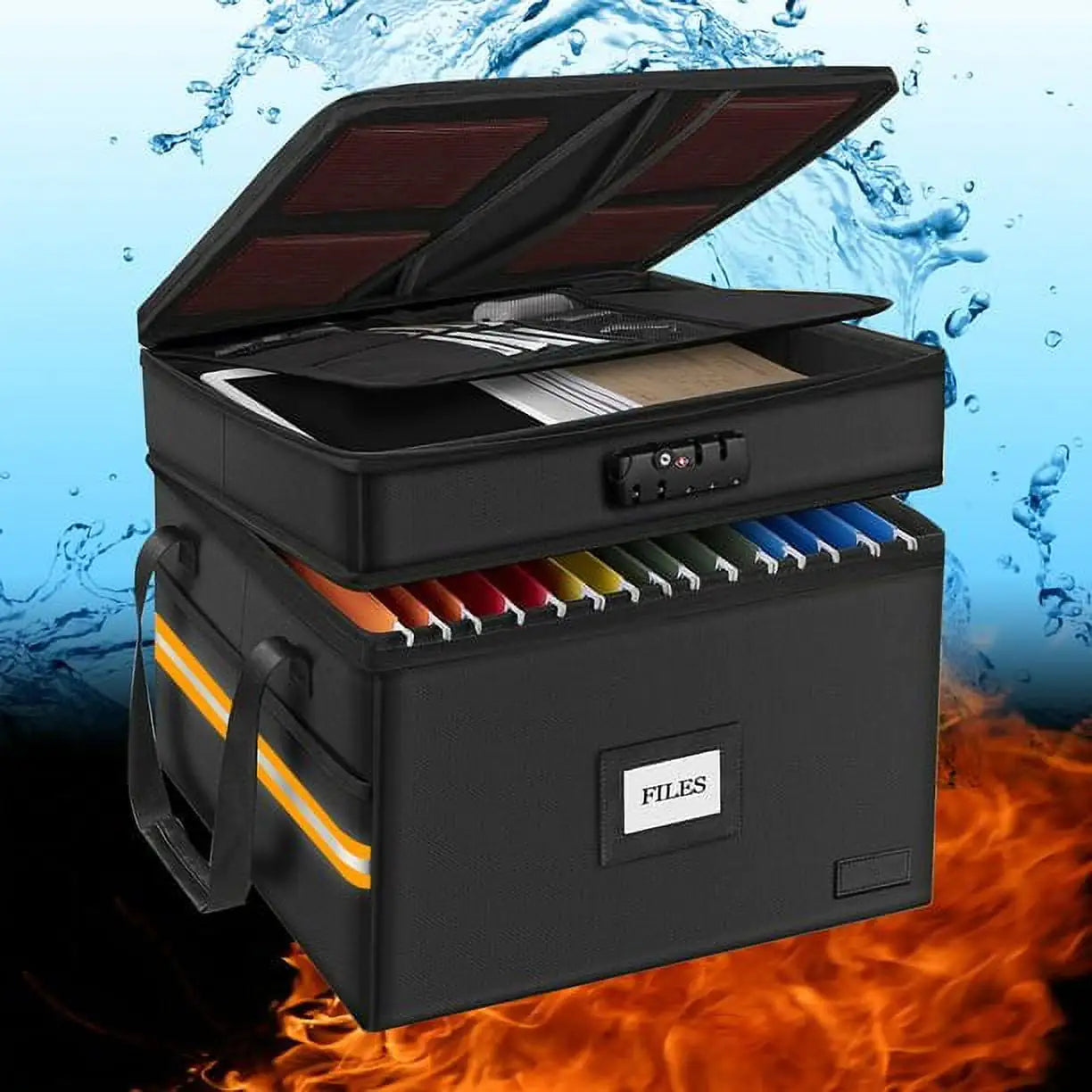 Fireproof Document Organizer with Lock, Upgraded 2 Layer File Box Organizer, Portable Office/Home Collapsible File Storage with Reflective Strip for Hanging Letter/Legal Size Folder/Certificate - Anti Spier