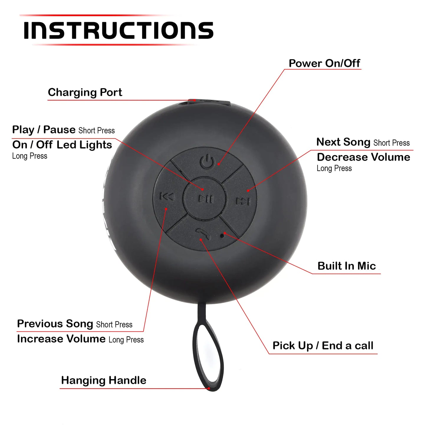 RISEBASS Water Resistant Bluetooth Shower Speaker, Handsfree Portable Speakerphone Control Buttons with LED Light, True Wireless Stereo for Bathroom, Kitchen, Hiking, Kayak, Beach, Gifts - Anti Spier