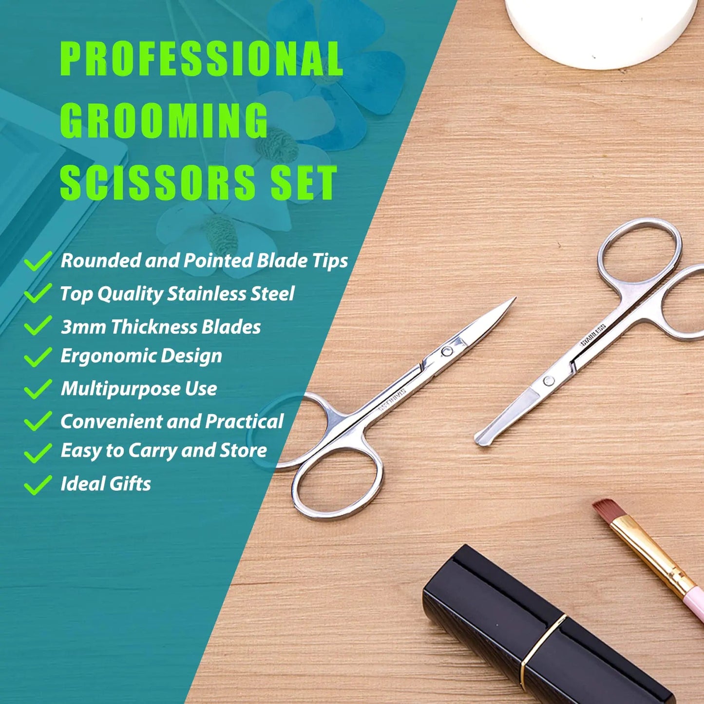 Facial Hair Small Grooming Scissors For Men Women - Eyebrow, Nose Hair, Mustache, Beard, Eyelashes, Ear Trimming Kit - Curved and Rounded Safety Tip Clippers For Hair Cutting - 2PCS Silver Anti Spier