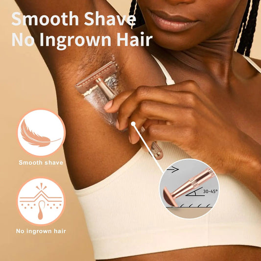 Rose Gold Safety Razor for Women and Men, Single Blade Razors for Men, Metal Razors for Women, with 10 Double Edge Safety Razor Blades, Open Comb Razor Head for Long Thick Body Hair, Zero Waste Open Comb Rose Gold Razor Anti Spier